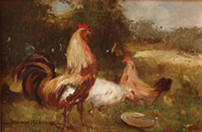 Un coq et deux poules par Maurice Gabriel Malzieux